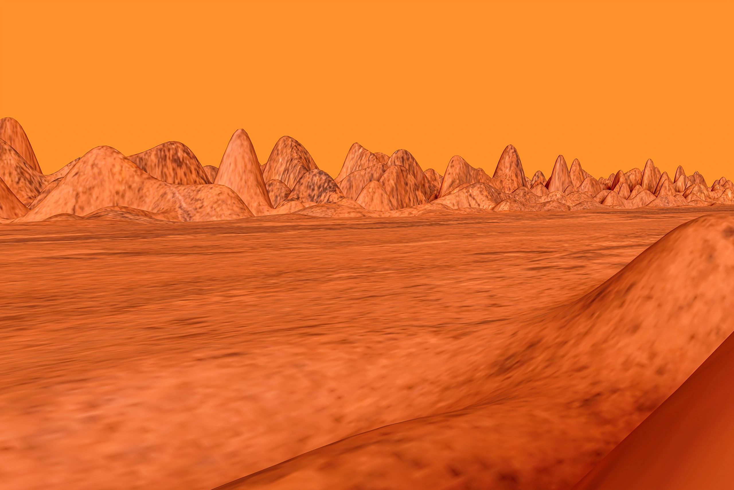 Alien desert landscape with rocky mountains under an orange sky