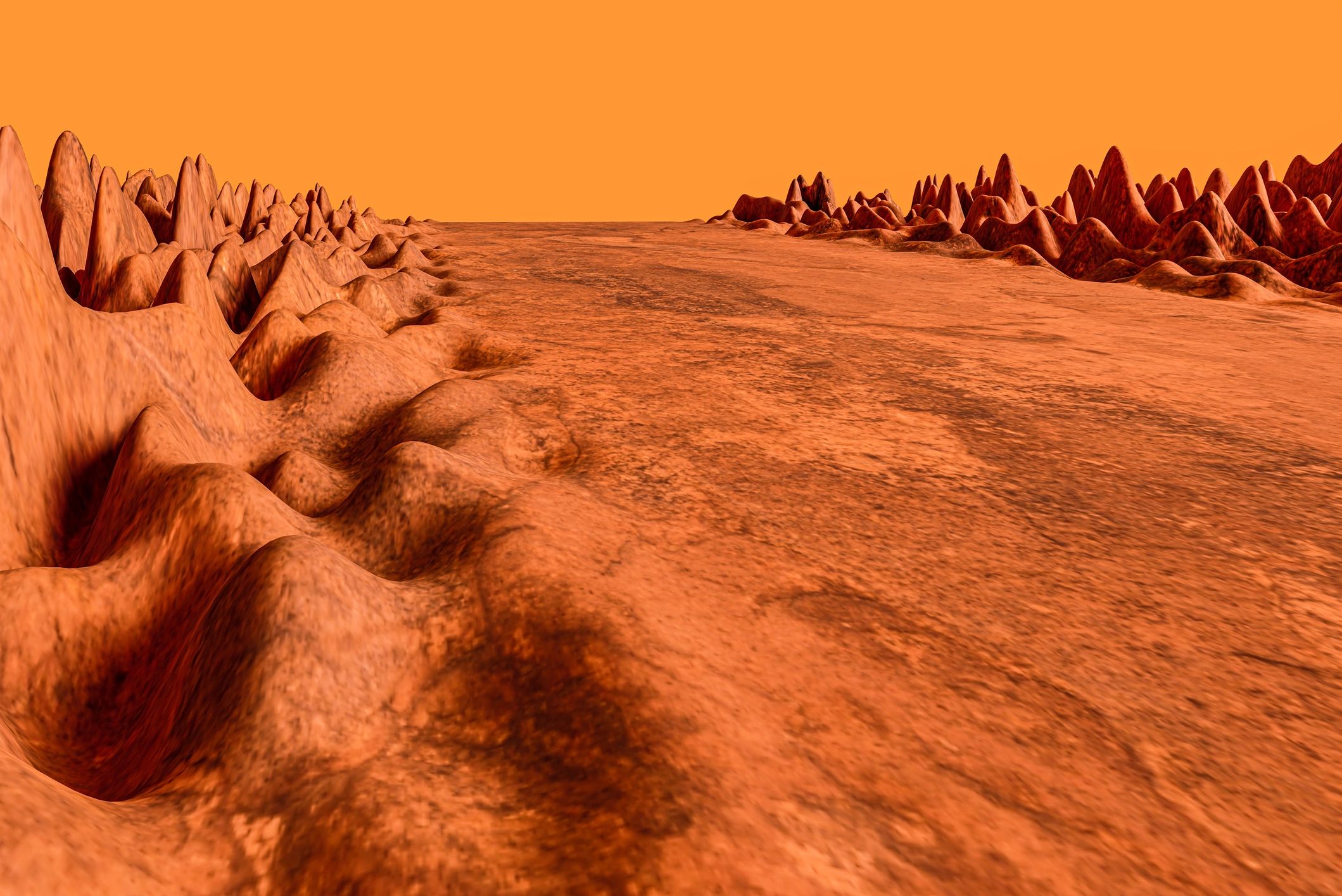 Futuristic road between sharp rock formations on a Mars-like planet