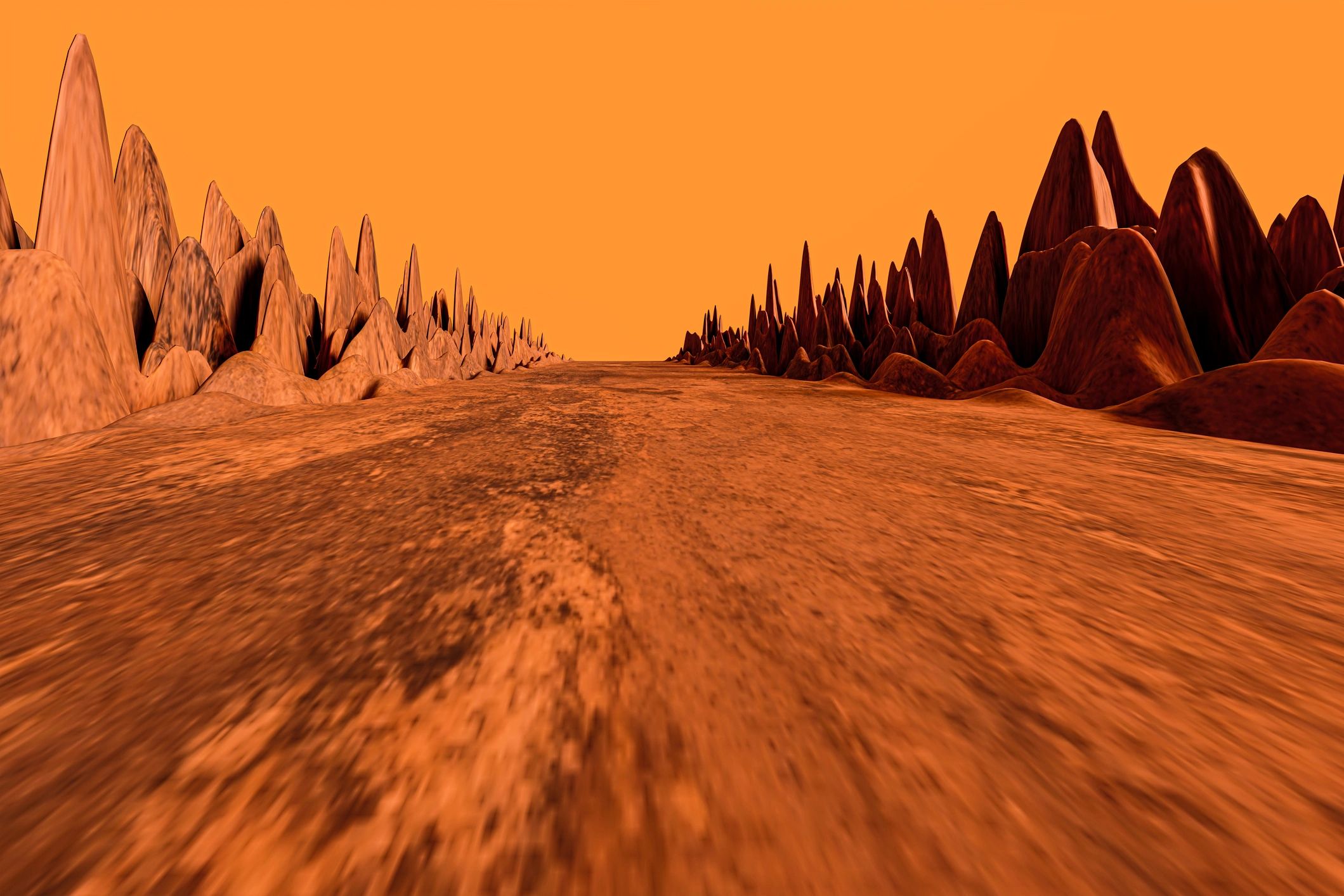 Surreal Mars terrain with organic rock formations under an orange sky